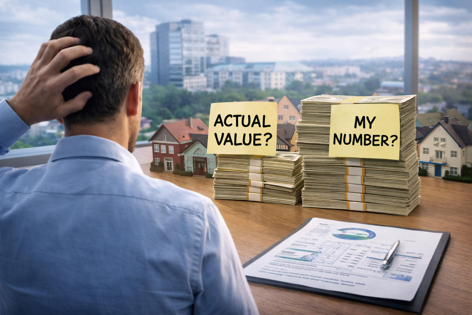 Property management business owner comparing actual valuation to expected value with cash stacks and residential portfolio models on desk.
