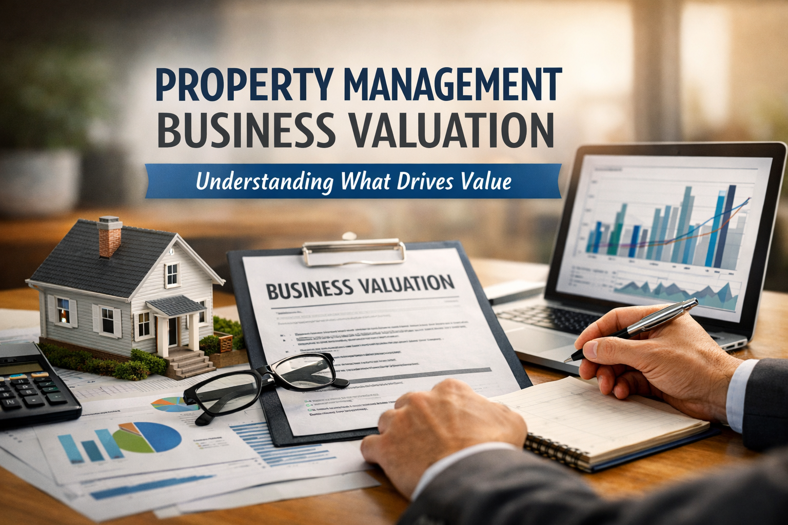 Property management business valuation analysis with financial reports, laptop charts, and model home on desk.