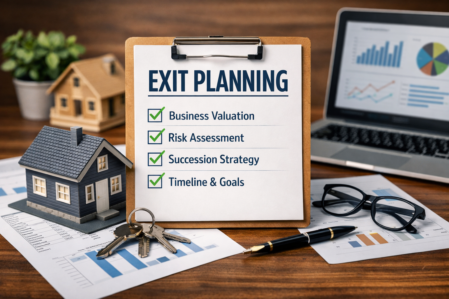 Property management exit planning concept showing checklist, model homes, financial reports, and laptop with valuation charts on desk.