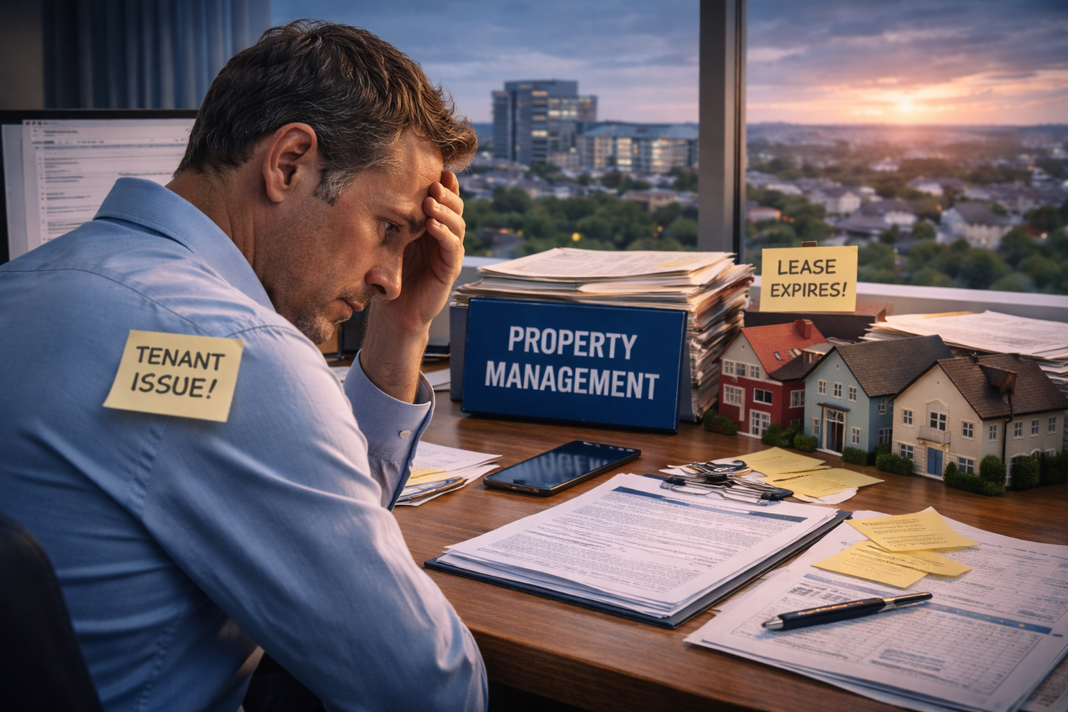 Stressed property management business owner reviewing lease documents and tenant issues at desk during sunset, reflecting emotional strain of ownership.