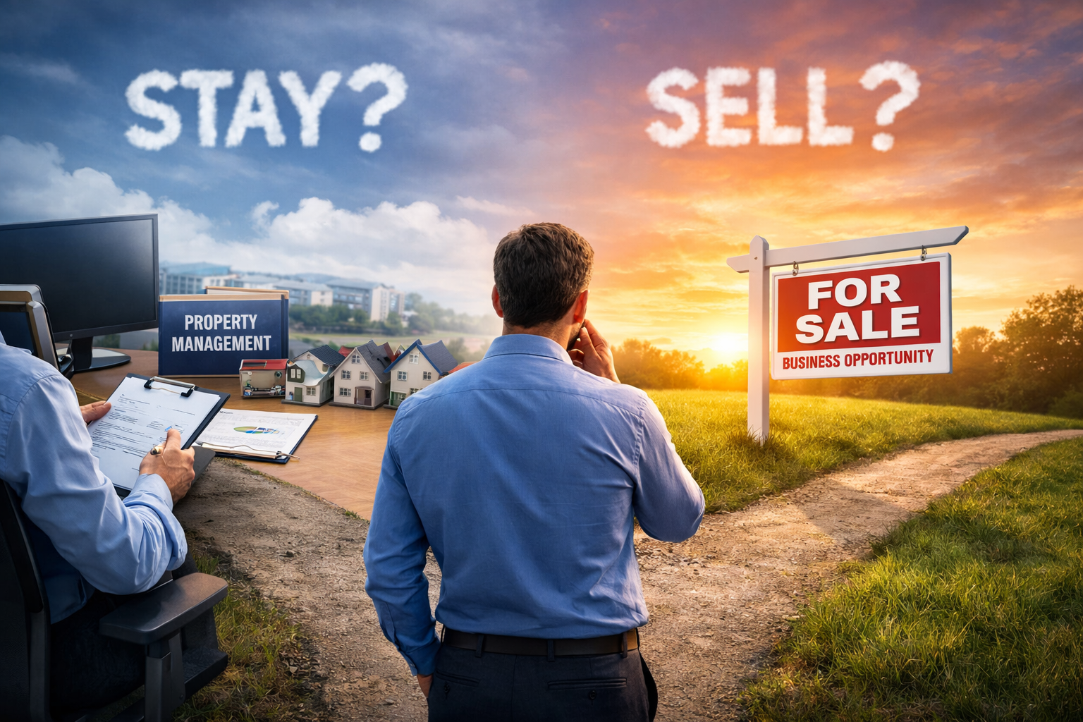 Property management business owner considering whether to sell his company, standing between office operations and a for sale sign.