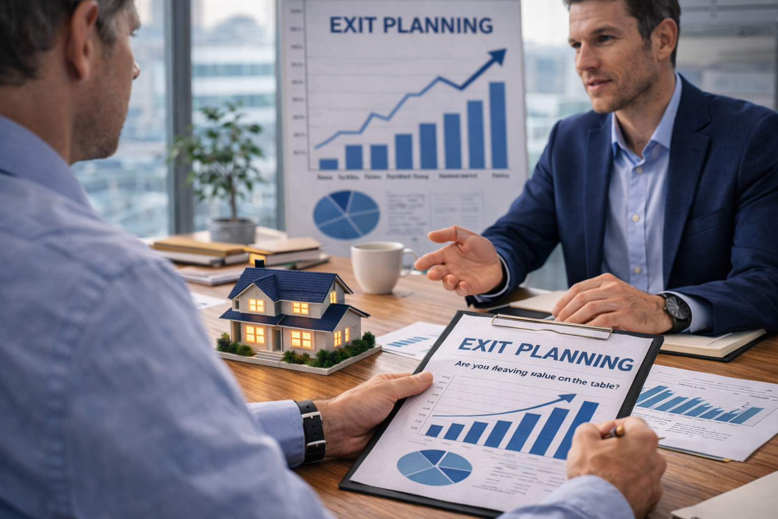 Property management business owner meeting with advisor to review exit planning strategy and financial charts.