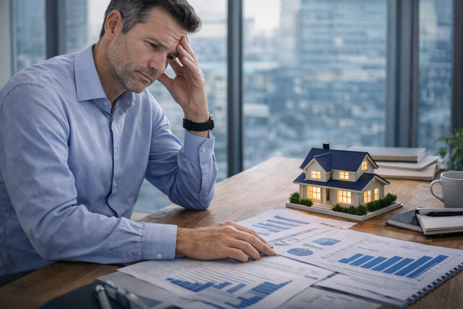 Property management business owner reviewing financial reports at desk, looking concerned and thoughtful about business decisions.