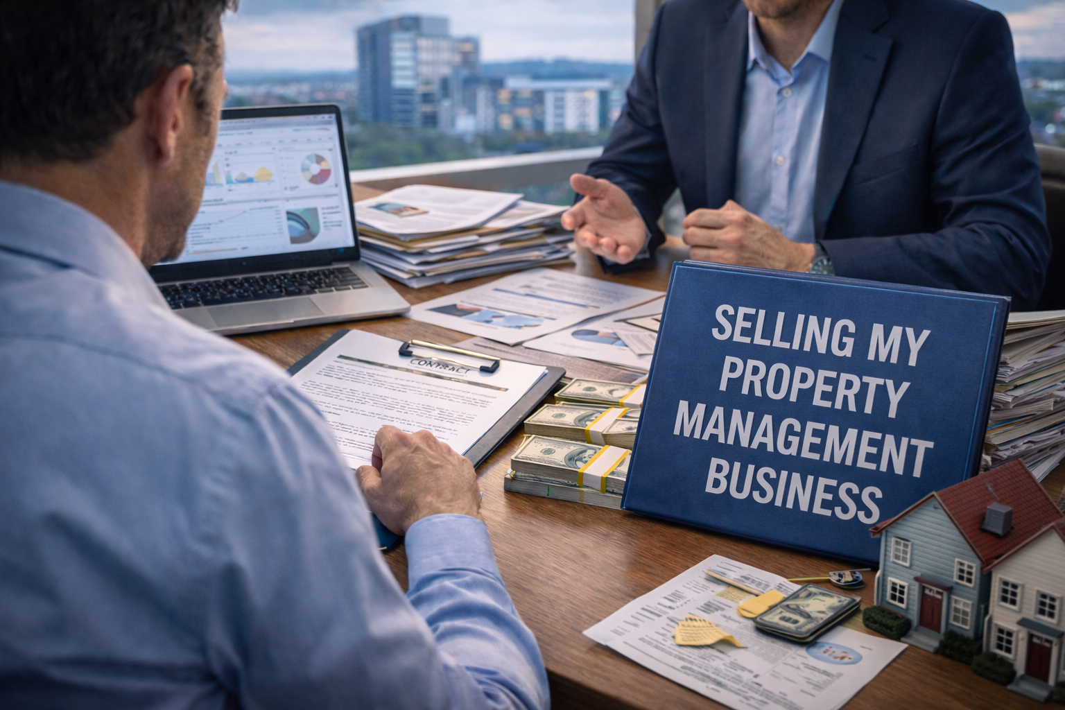 Property management business owner meeting with advisor to review contract and financial documents during company sale discussion.
